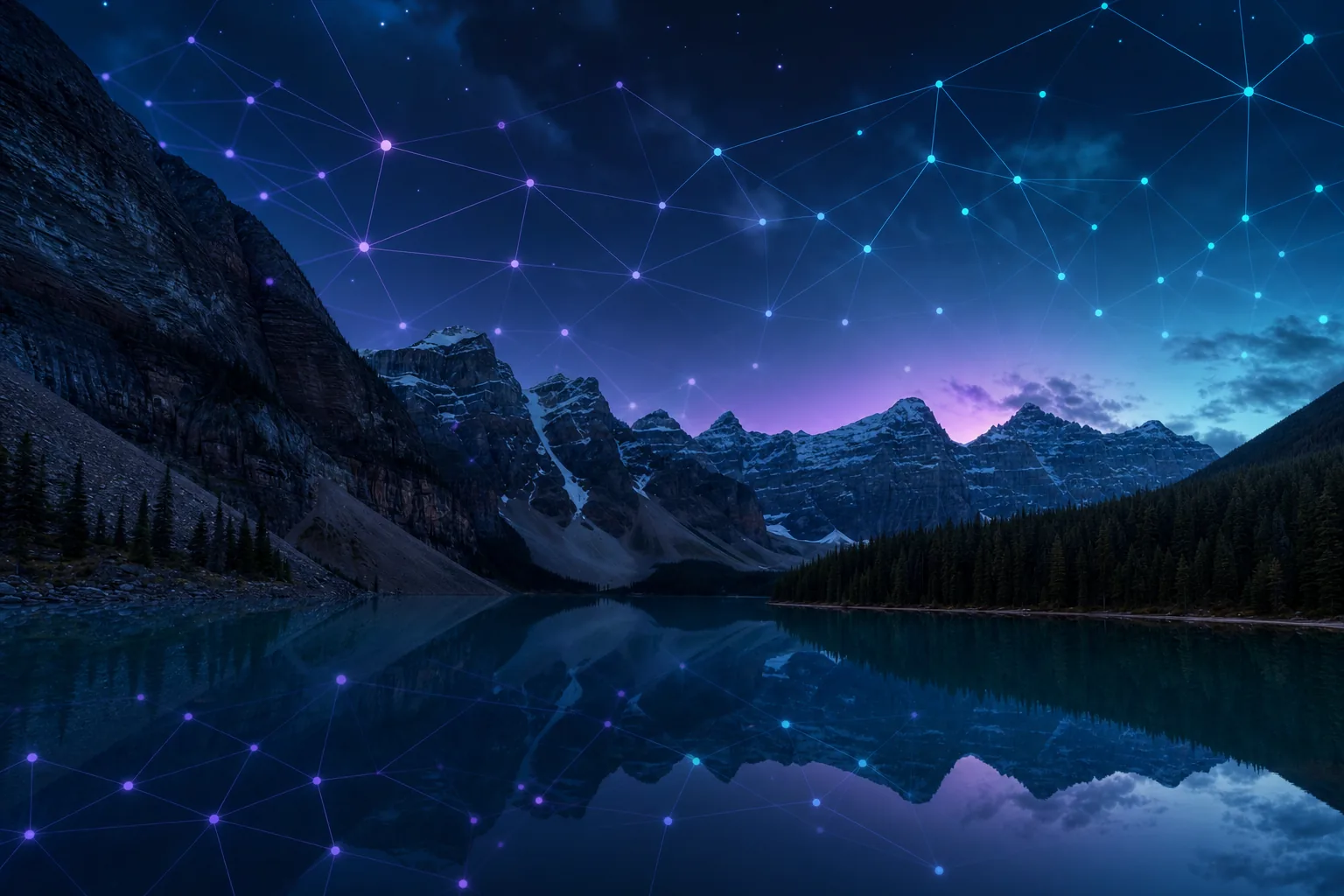 Canadian Rockies mountain lake at night overlaid with a glowing digital network mesh